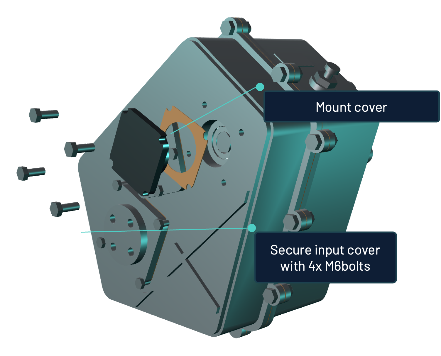 Exploded gearbox with assembly step annotations